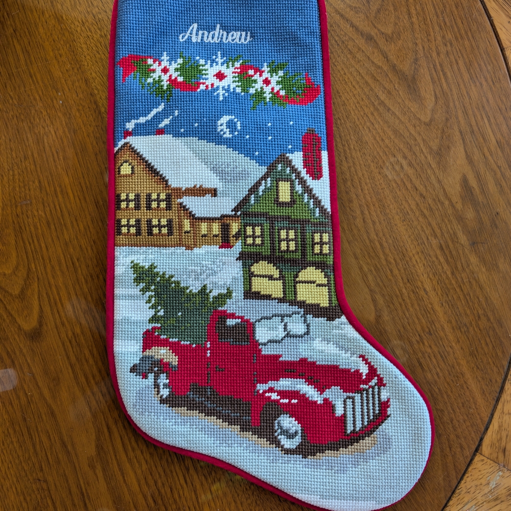 L.L. Bean Festive Red Stocking with Truck and Village Scene